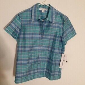 silk shirt josephine chaus studio blouse top blue green plaid womens 6 s m new